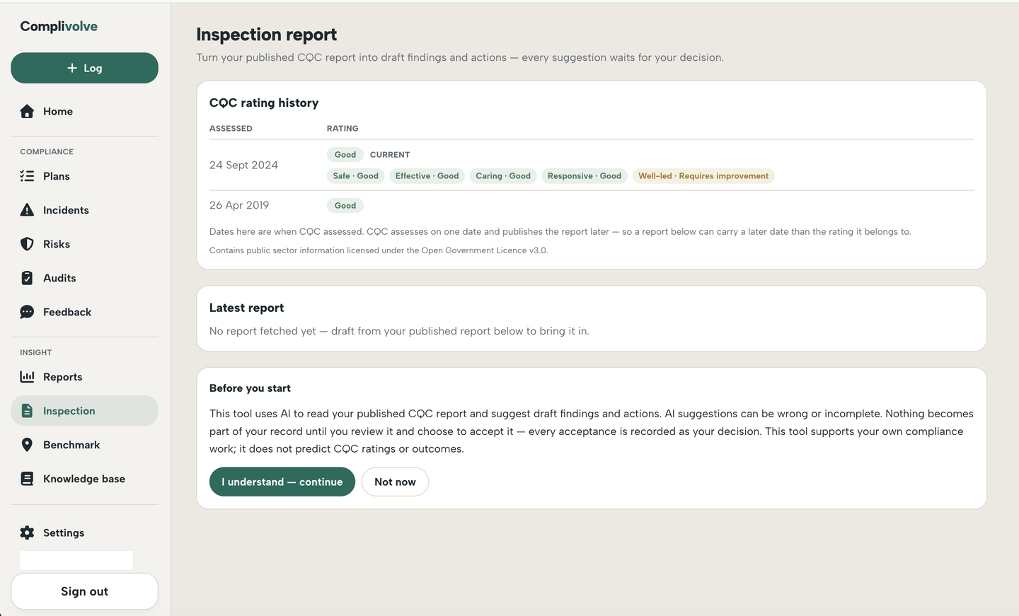 The Inspection page: rating history and a clear before-you-start explanation